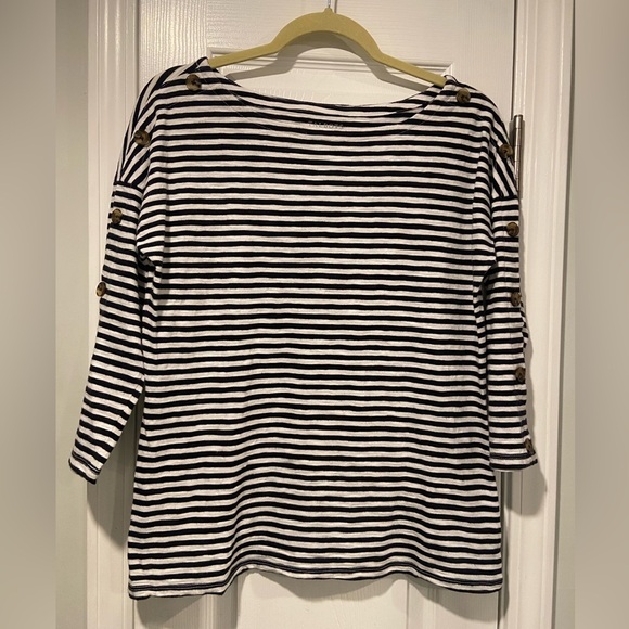 Talbots Size S Scoop Neck Black White Stripes 3/4 Sleeve Button Detail Nautical - Picture 1 of 10